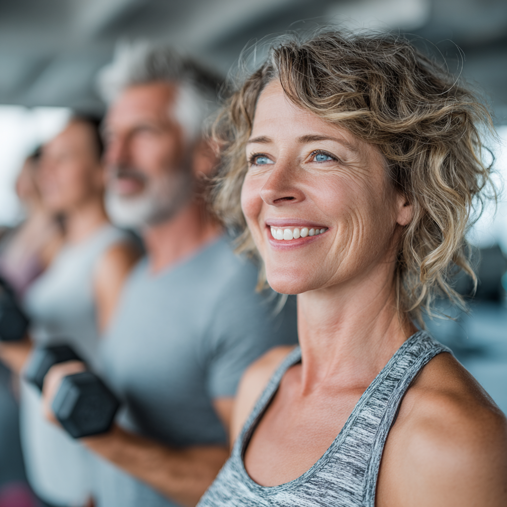 Middle-aged active adults aged 40-55 doing group fitness exercises in a bright modern gym, showing diverse people smiling and working out together with dumbbells and yoga mats